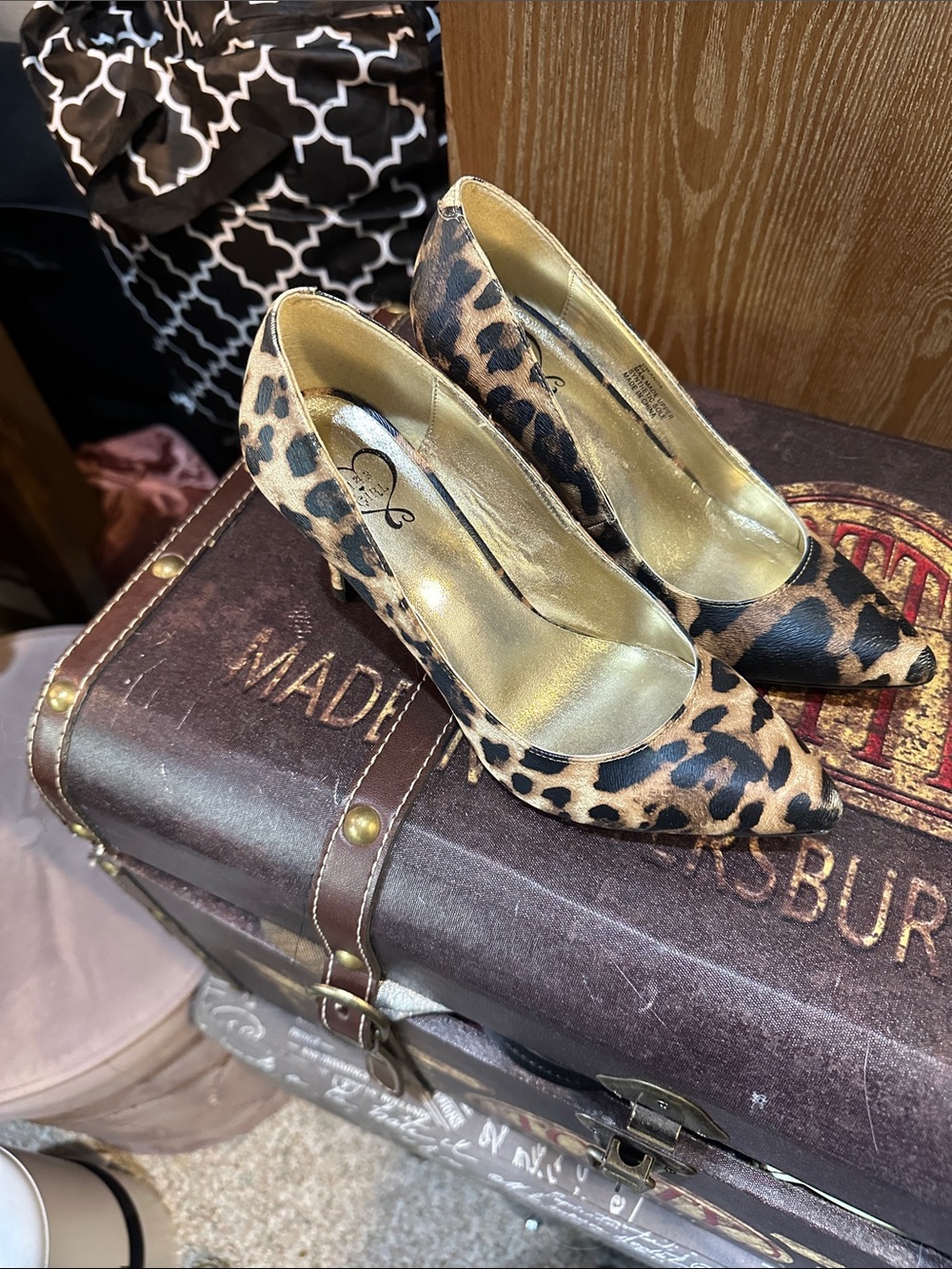 Qupid Leopard-Print Pointed Toe Pumps in Tan and Black
